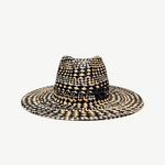 KABE SHOP INC straw fedora hat featuring a black and beige geometric rhomboidal woven pattern and side detail.