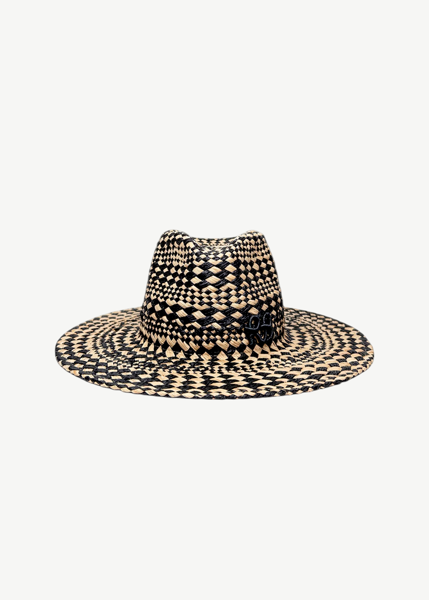 KABE SHOP INC straw fedora hat featuring a black and beige geometric rhomboidal woven pattern and side detail.