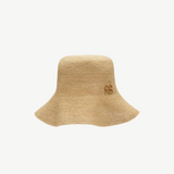 KABE SHOP INC beige straw bucket hat with a delicate embroidered monogram detail on the side