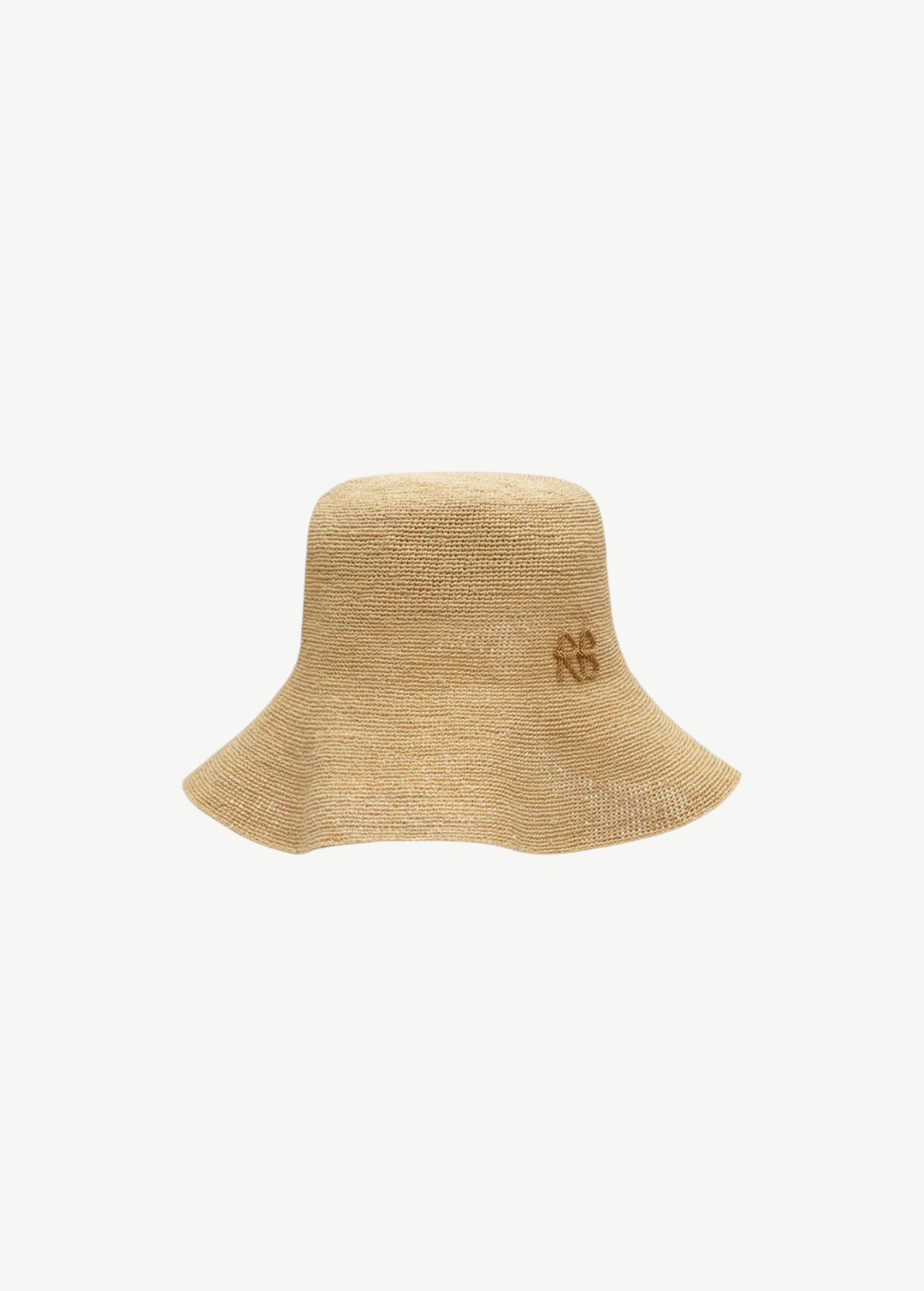 KABE SHOP INC beige straw bucket hat with a delicate embroidered monogram detail on the side