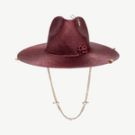KABE SHOP INC burgundy straw fedora hat featuring a gold chain chin strap and decorative metal accents