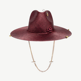 KABE SHOP INC burgundy straw fedora hat featuring a gold chain chin strap and decorative metal accents