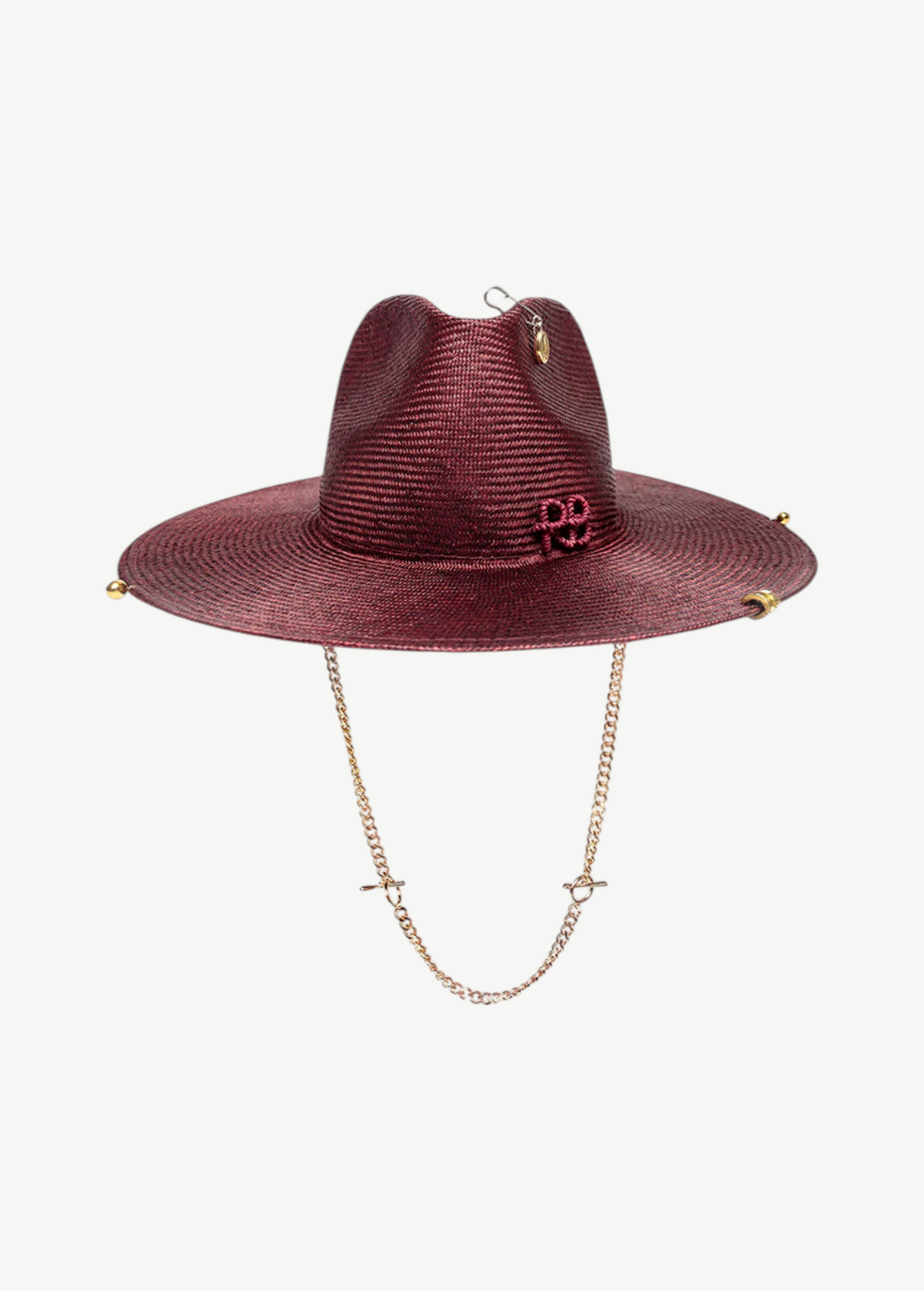 KABE SHOP INC burgundy straw fedora hat featuring a gold chain chin strap and decorative metal accents