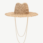 KABE SHOP INC straw fedora hat with a sculptural cut-out design and elegant gold-tone double chain strap