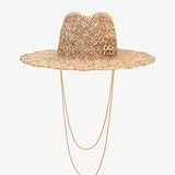 KABE SHOP INC straw fedora hat with a sculptural cut-out design and elegant gold-tone double chain strap