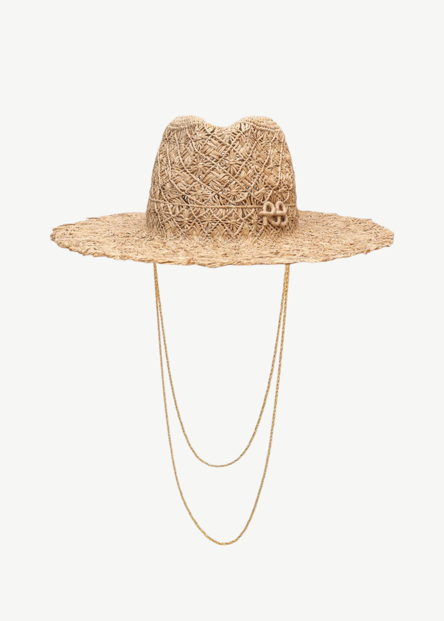 KABE SHOP INC straw fedora hat with a sculptural cut-out design and elegant gold-tone double chain strap