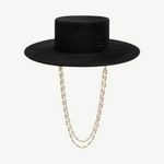 KABE SHOP INC black canotier hat with a structured flat crown and a decorative double gold chain strap