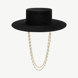 KABE SHOP INC black canotier hat with a structured flat crown and a decorative double gold chain strap