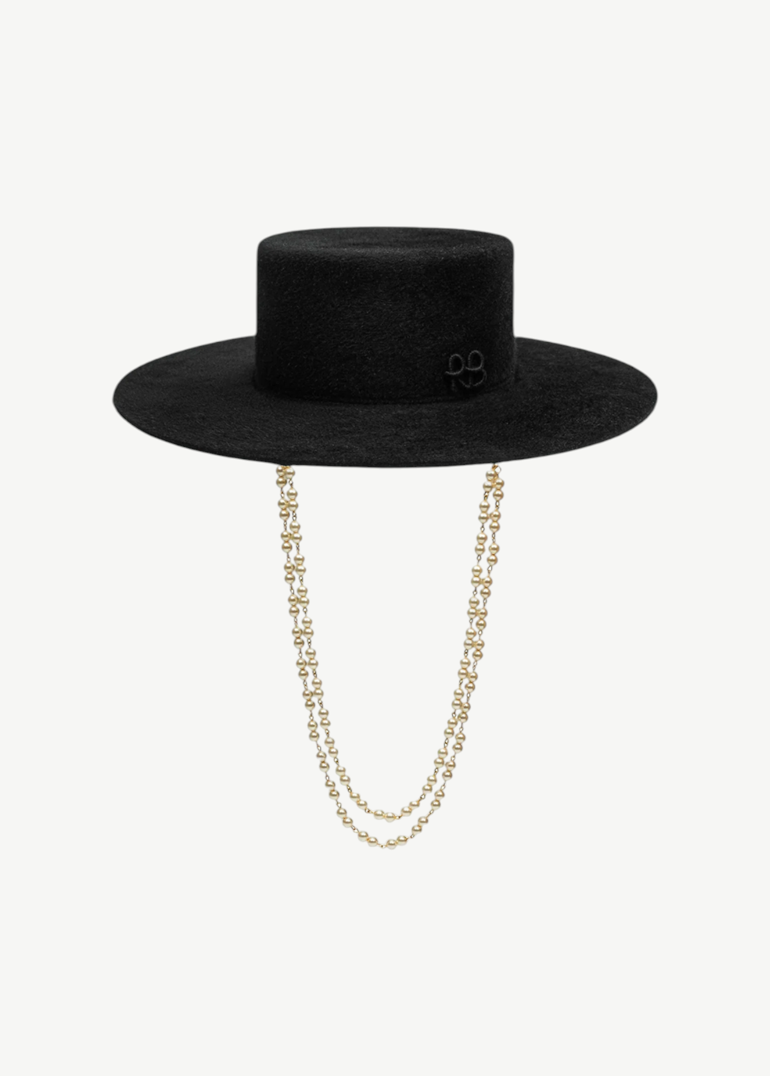 KABE SHOP INC black canotier hat with a structured flat crown and a decorative double gold chain strap