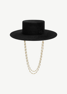 KABE SHOP INC black canotier hat with a structured flat crown and a decorative double gold chain strap