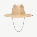 KABE SHOP INC straw fedora hat featuring a gold-tone chain strap, safety pin detail, and woven logo accent.