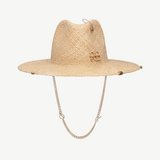 KABE SHOP INC straw fedora hat featuring a gold-tone chain strap, safety pin detail, and woven logo accent.