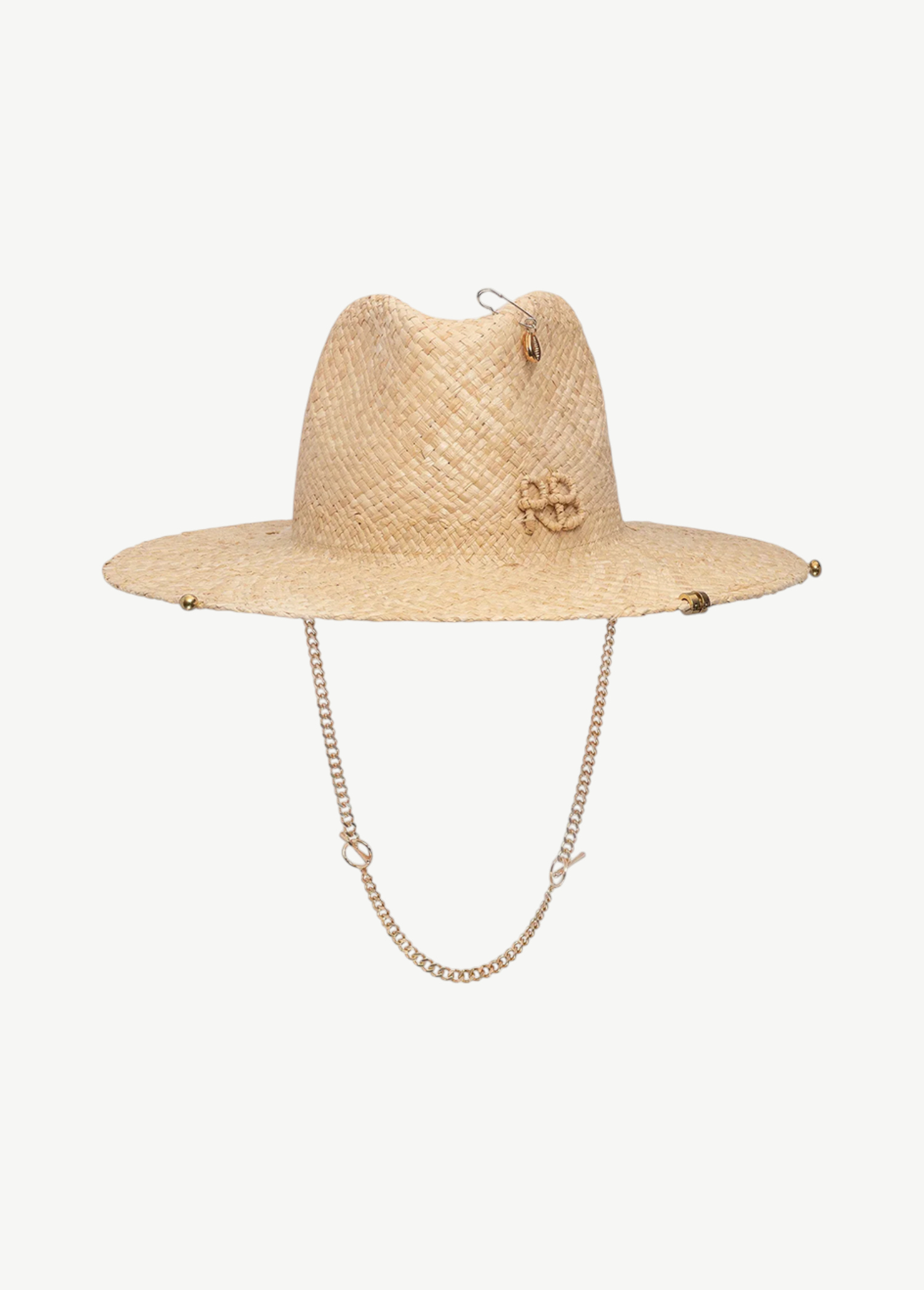 KABE SHOP INC straw fedora hat featuring a gold-tone chain strap, safety pin detail, and woven logo accent.