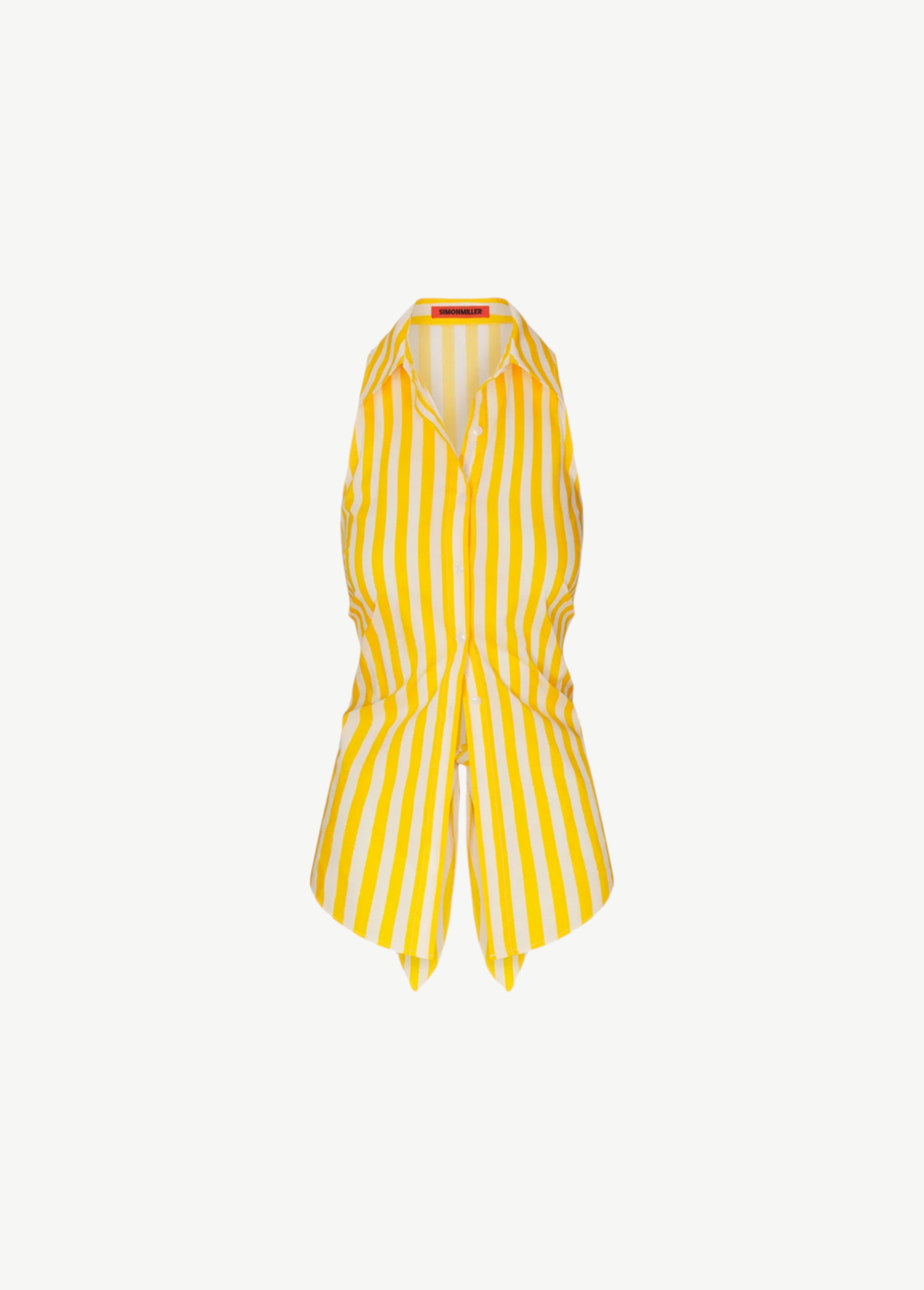 KABE SHOP INC Loch sleeveless button-up shirt in yellow and white vertical striped stretch cotton poplin