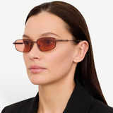 KABE SHOP INC Sera rectangular sunglasses with matte brown stainless steel frames and rose-tinted lenses on a model