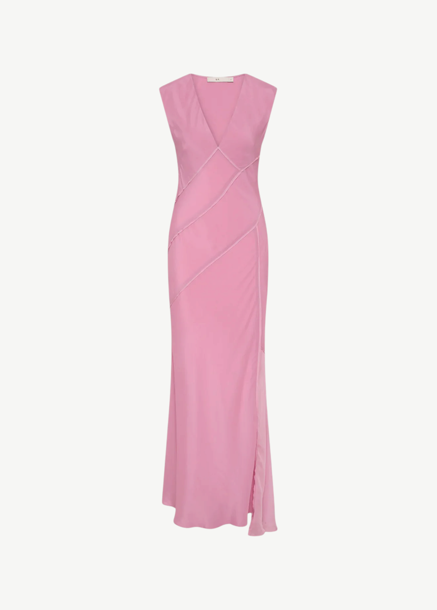 KABE SHOP INC Elin pink silk-viscose maxi gown with a deep V-neckline, panelled detailing, and an asymmetric hem.