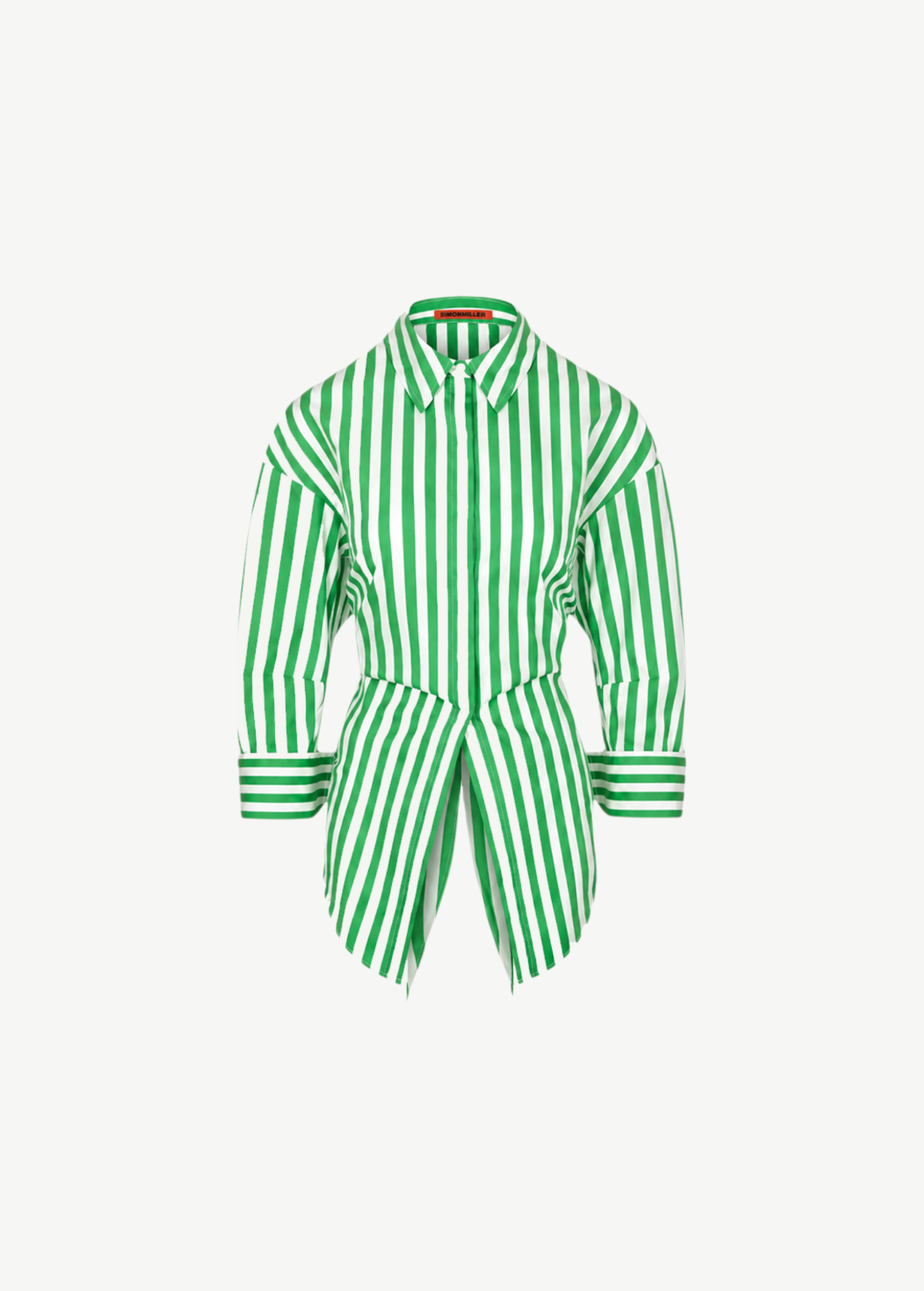 KABE SHOP INC Loch Poplin button up shirt in green and white vertical stripes with an open back detail.