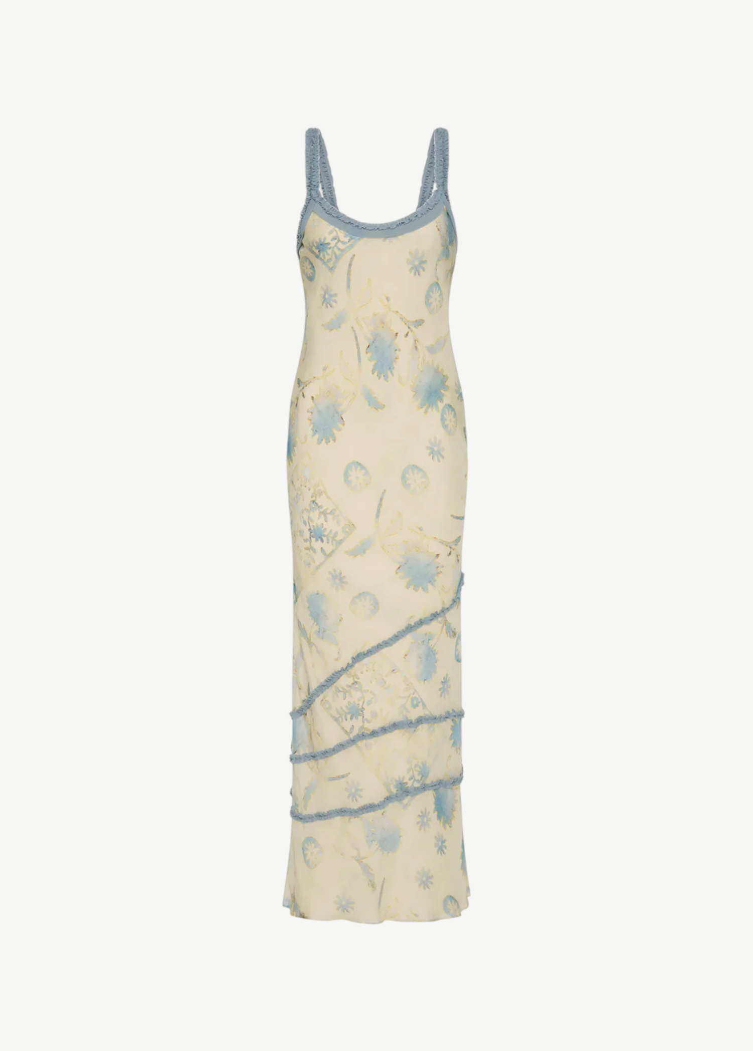 KABE SHOP INC Cecile maxi slip dress in cream with blue floral print and delicate ruffled trim details.