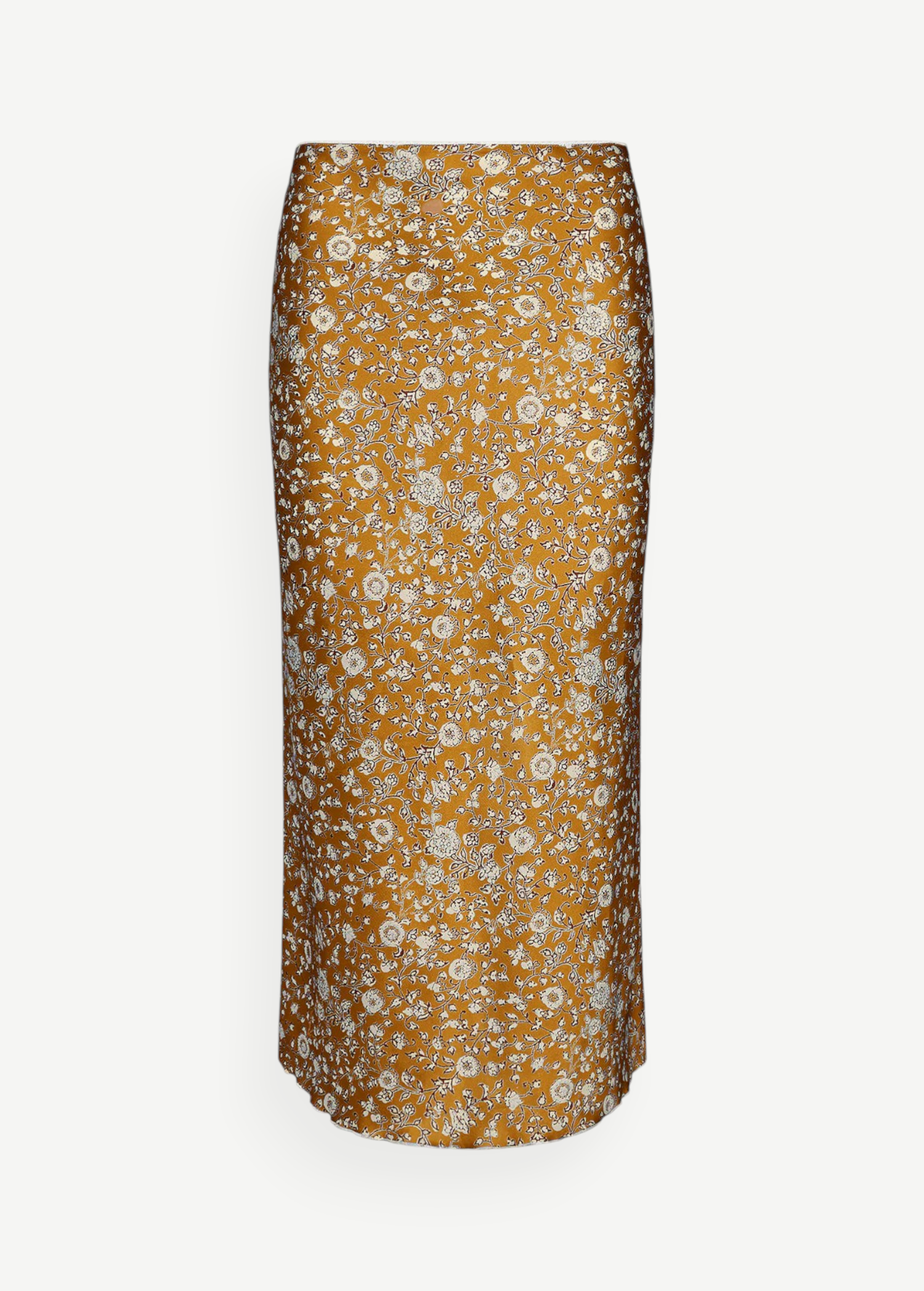 Introducing The C Skirt—a mustard yellow, knee-length skirt adorned with white and light blue floral prints. Featuring a straight silhouette and a subtly curved hem, The C Skirt is showcased against a plain white background.