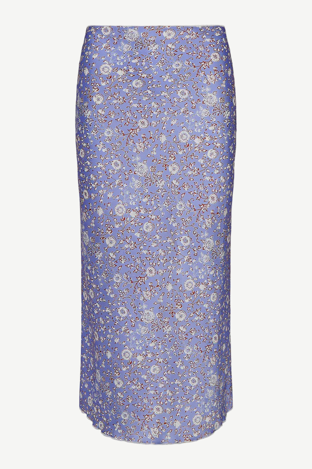 The C Skirt, a lavender satin floral printed skirt adorned with a small white pattern and featuring a straight cut with a subtle sheen, is displayed on a white background. This knee-length design brings elegance to any wardrobe.