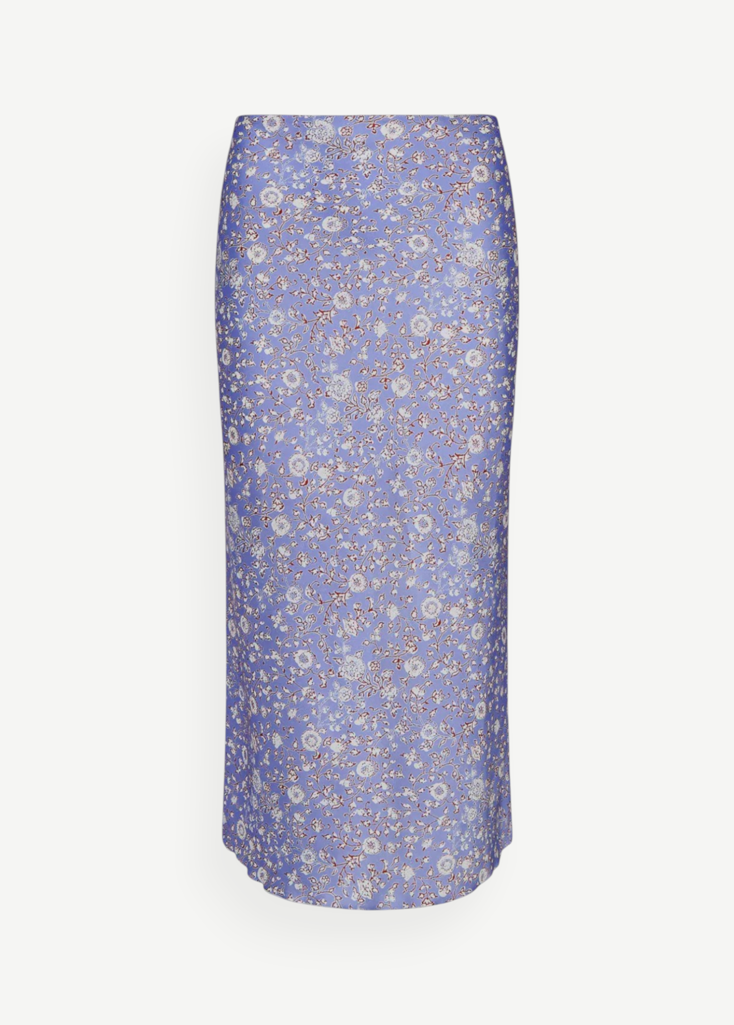 The C Skirt, a lavender satin floral printed skirt adorned with a small white pattern and featuring a straight cut with a subtle sheen, is displayed on a white background. This knee-length design brings elegance to any wardrobe.