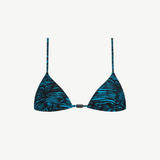 The Equator Top is a blue and black tiger print triangle bikini top made from recycled polyamide, featuring thin adjustable straps and a front center clasp—an ideal choice for eco-conscious swimwear enthusiasts.