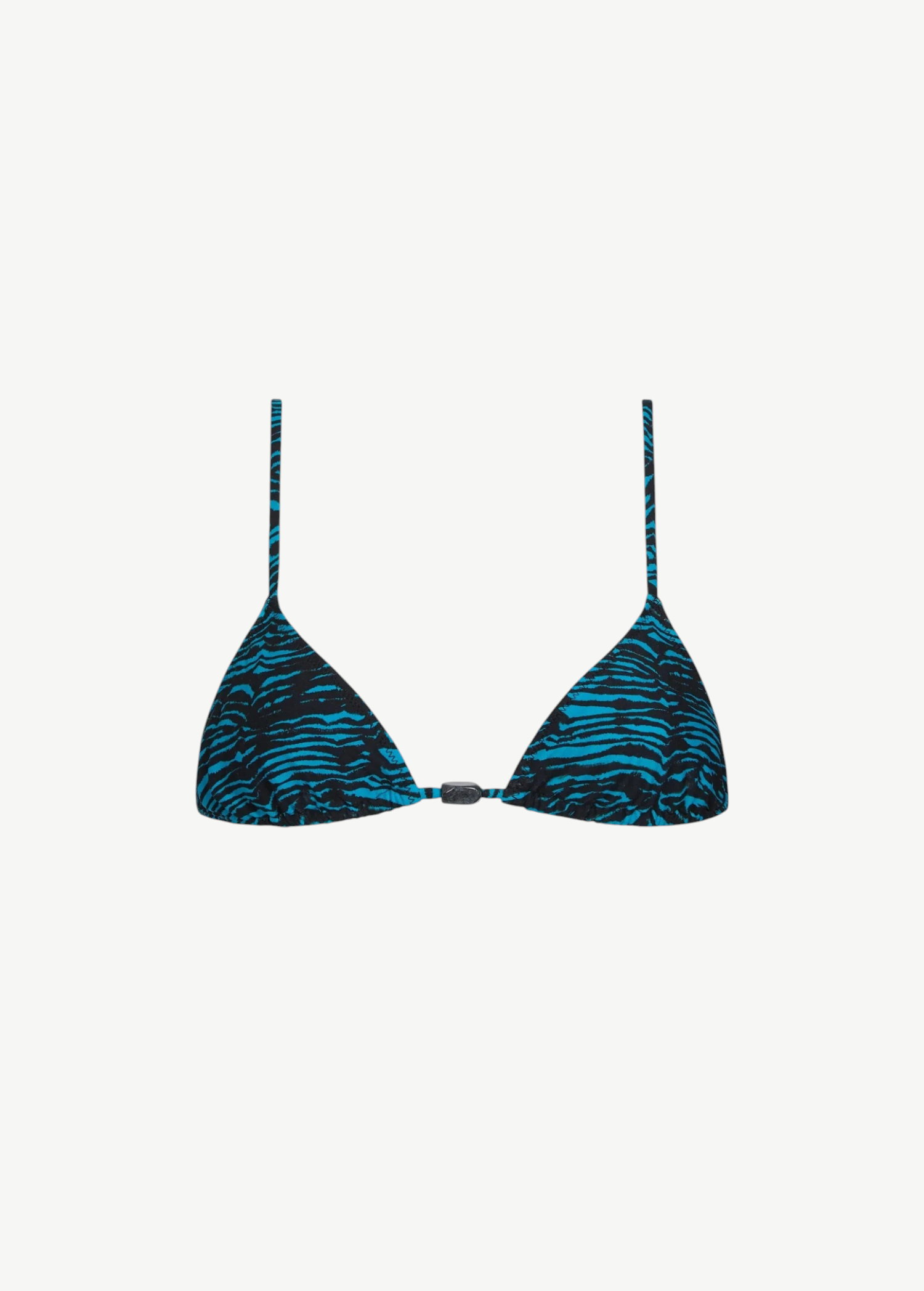The Equator Top is a blue and black tiger print triangle bikini top made from recycled polyamide, featuring thin adjustable straps and a front center clasp—an ideal choice for eco-conscious swimwear enthusiasts.