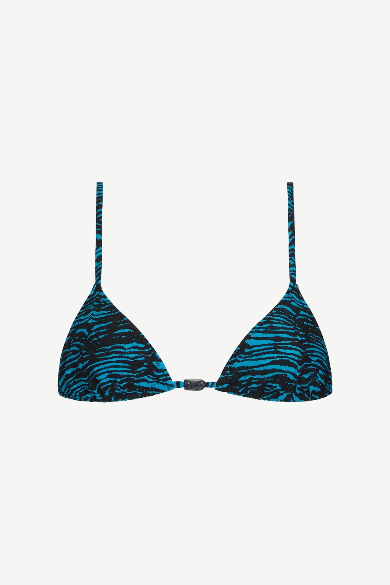 The Equator Top is a blue and black tiger print triangle bikini top made from recycled polyamide, featuring thin adjustable straps and a front center clasp—an ideal choice for eco-conscious swimwear enthusiasts.