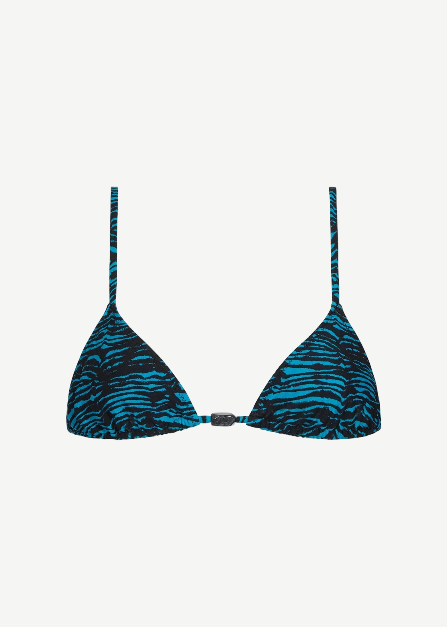 The Equator Top is a blue and black tiger print triangle bikini top made from recycled polyamide, featuring thin adjustable straps and a front center clasp—an ideal choice for eco-conscious swimwear enthusiasts.