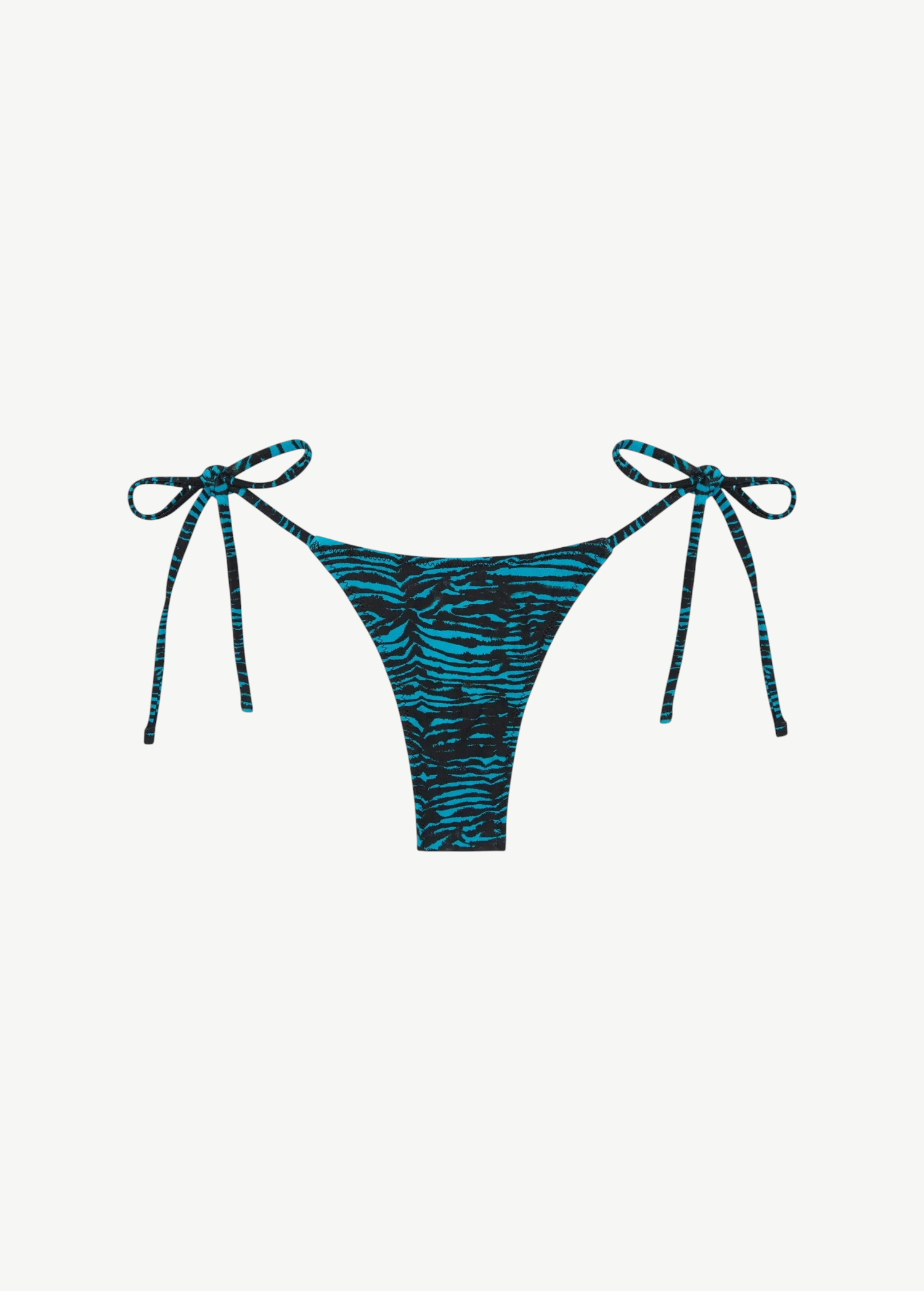 Praia Bottom in blue and black tiger print, an adjustable tie bikini bottom crafted from recycled polyamide for eco-friendly swimwear, displayed on a white background.