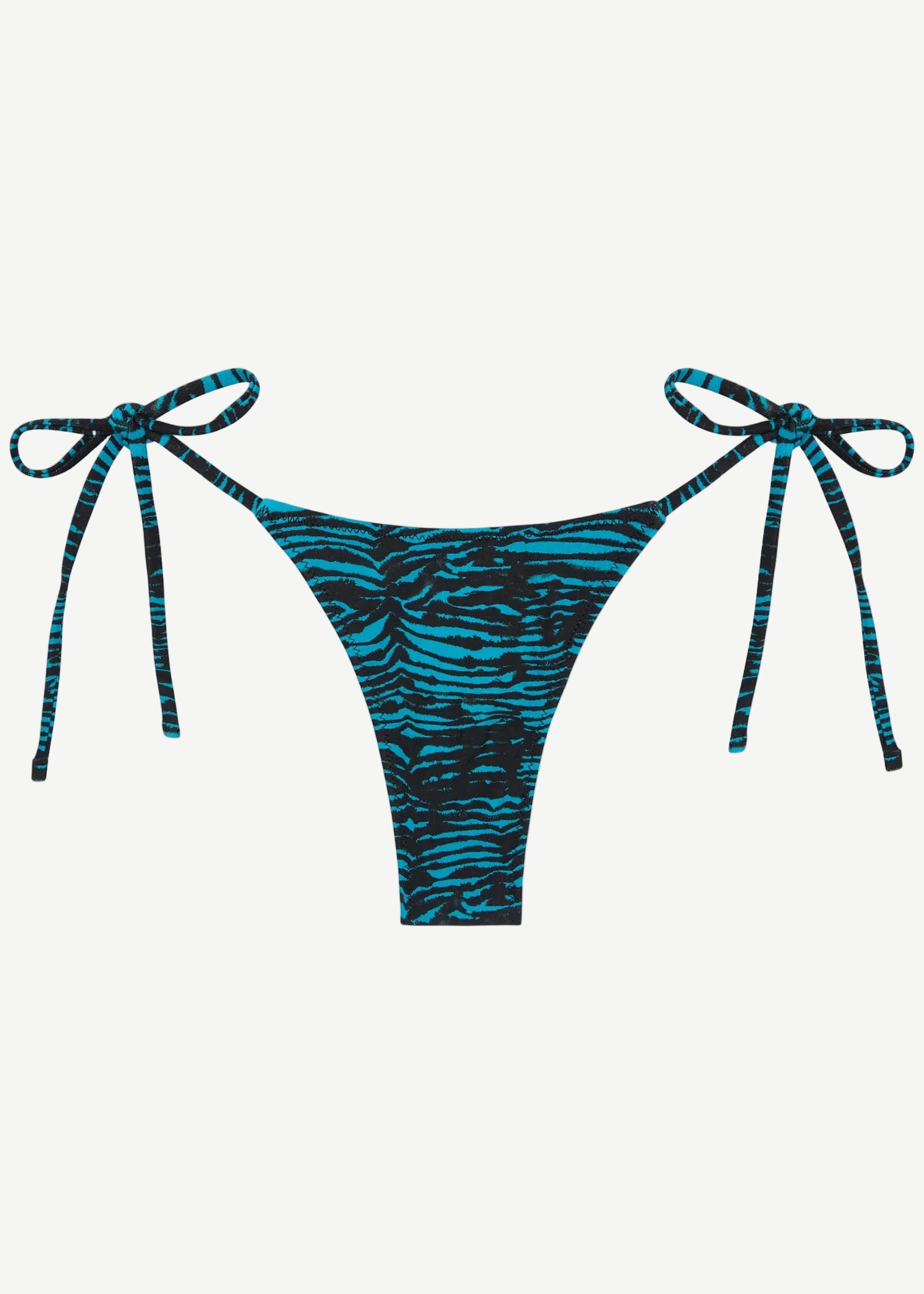 Praia Bottom in blue and black tiger print, an adjustable tie bikini bottom crafted from recycled polyamide for eco-friendly swimwear, displayed on a white background.