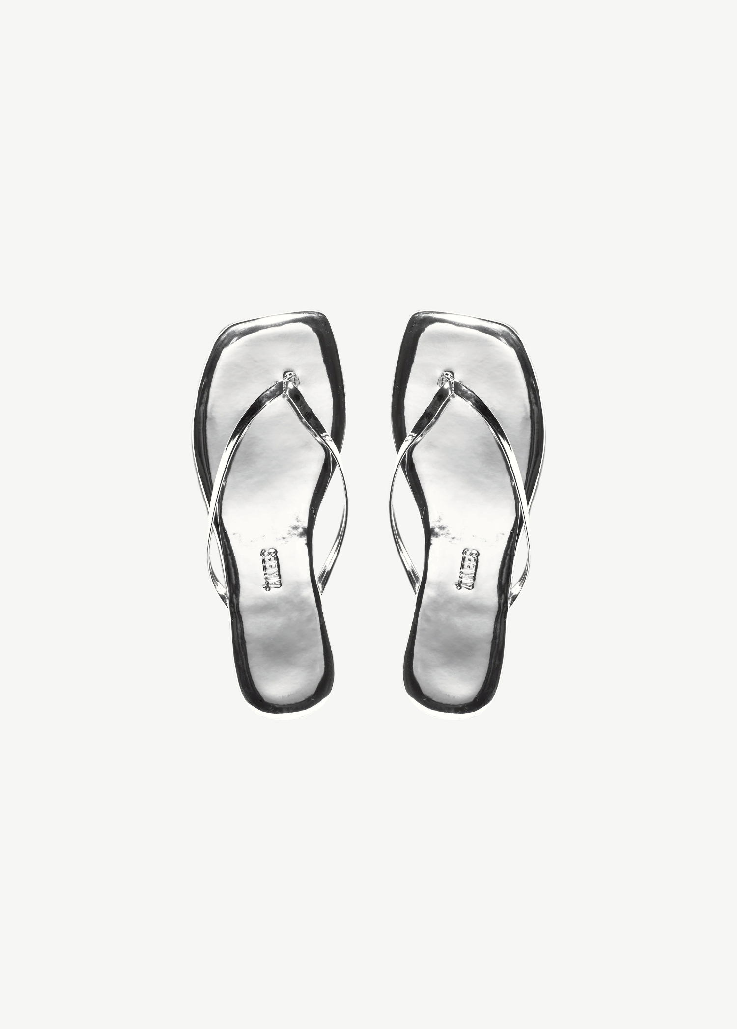 KABE SHOP INC Square Toe Lily Mirror flip-flops in a metallic silver finish with a modern square toe design.