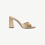 Sloane Heel gold slide sandal with a wide front strap and a chunky block heel in a sophisticated, timeless silhouette.