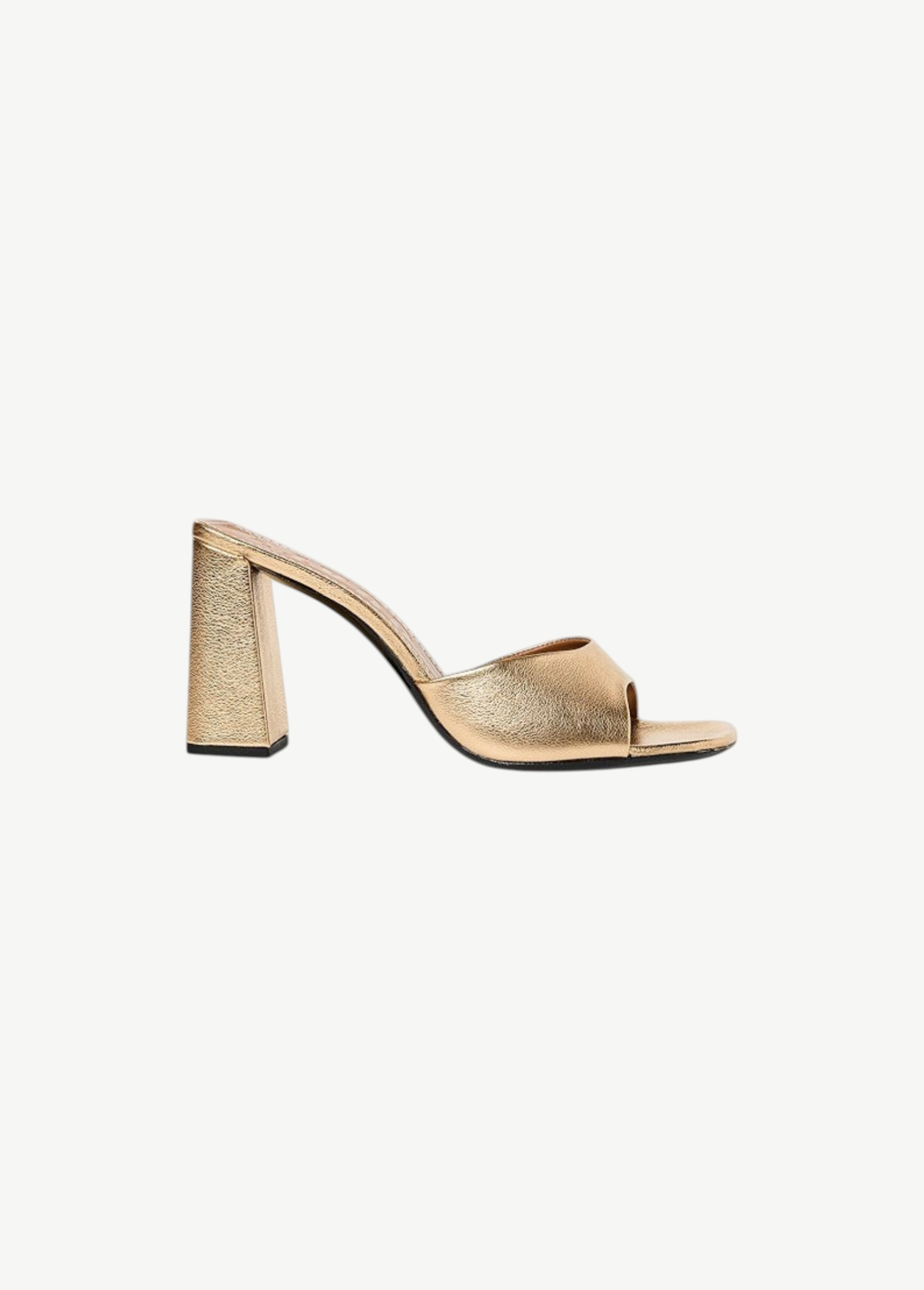 Sloane Heel gold slide sandal with a wide front strap and a chunky block heel in a sophisticated, timeless silhouette.