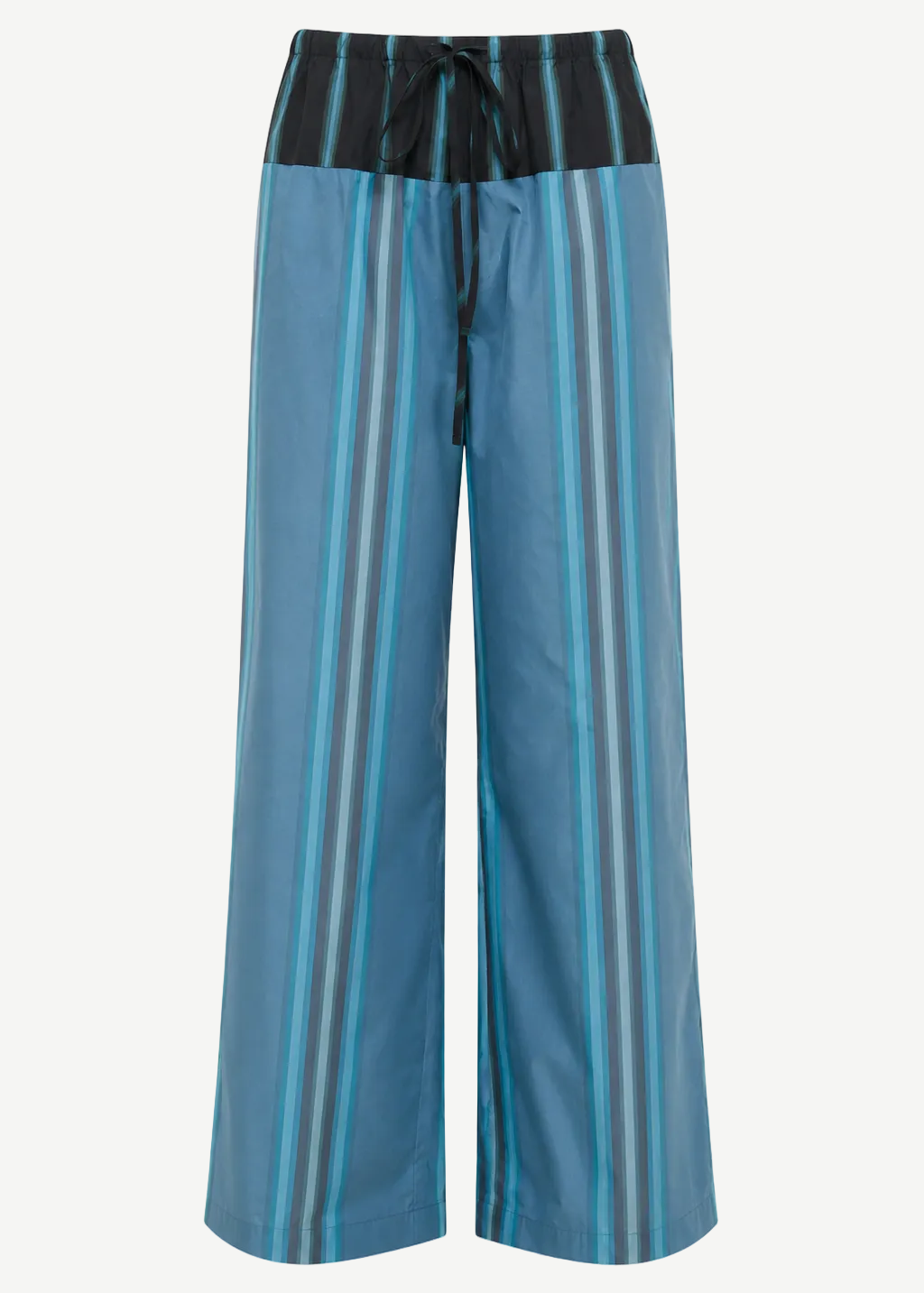 Mateo Pant wide-leg trousers in blue and teal vertical stripes, featuring a relaxed fit and a black elasticized drawstring waist.