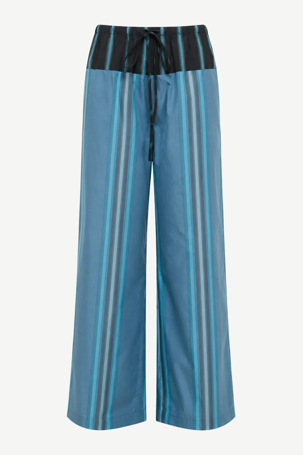 Mateo Pant wide-leg trousers in blue and teal vertical stripes, featuring a relaxed fit and a black elasticized drawstring waist.