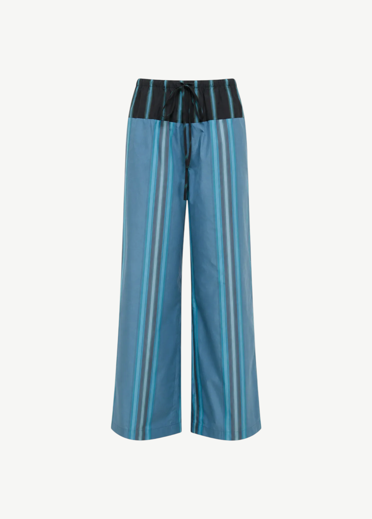 Mateo Pant wide-leg trousers in blue and teal vertical stripes, featuring a relaxed fit and a black elasticized drawstring waist.