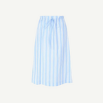 Shore Skirt in light blue and white striped stretch poplin, featuring a midi length and an elasticized drawstring waist.