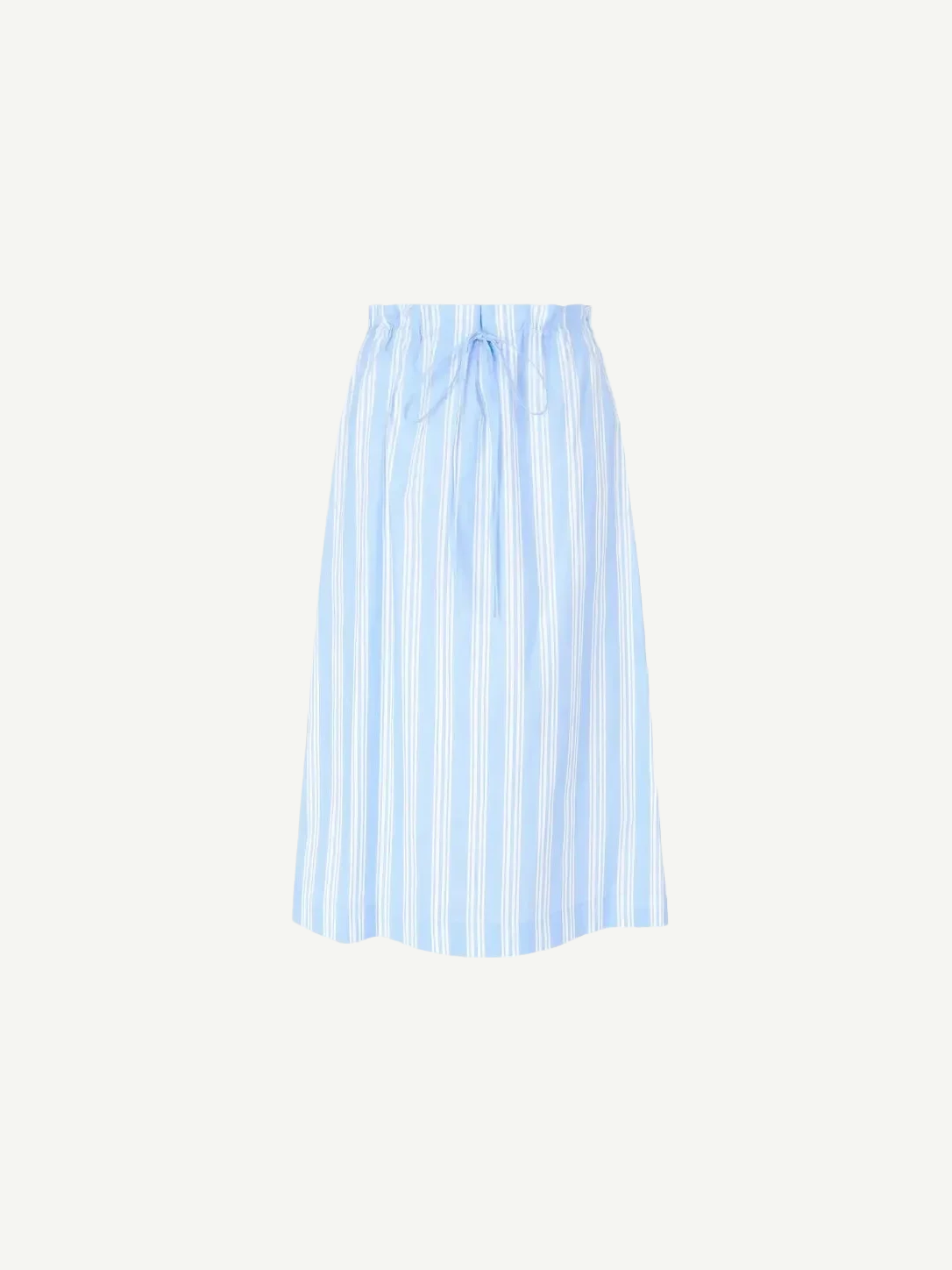 Shore Skirt in light blue and white striped stretch poplin, featuring a midi length and an elasticized drawstring waist.