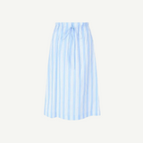 Shore Skirt in light blue and white striped stretch poplin, featuring a midi length and an elasticized drawstring waist.