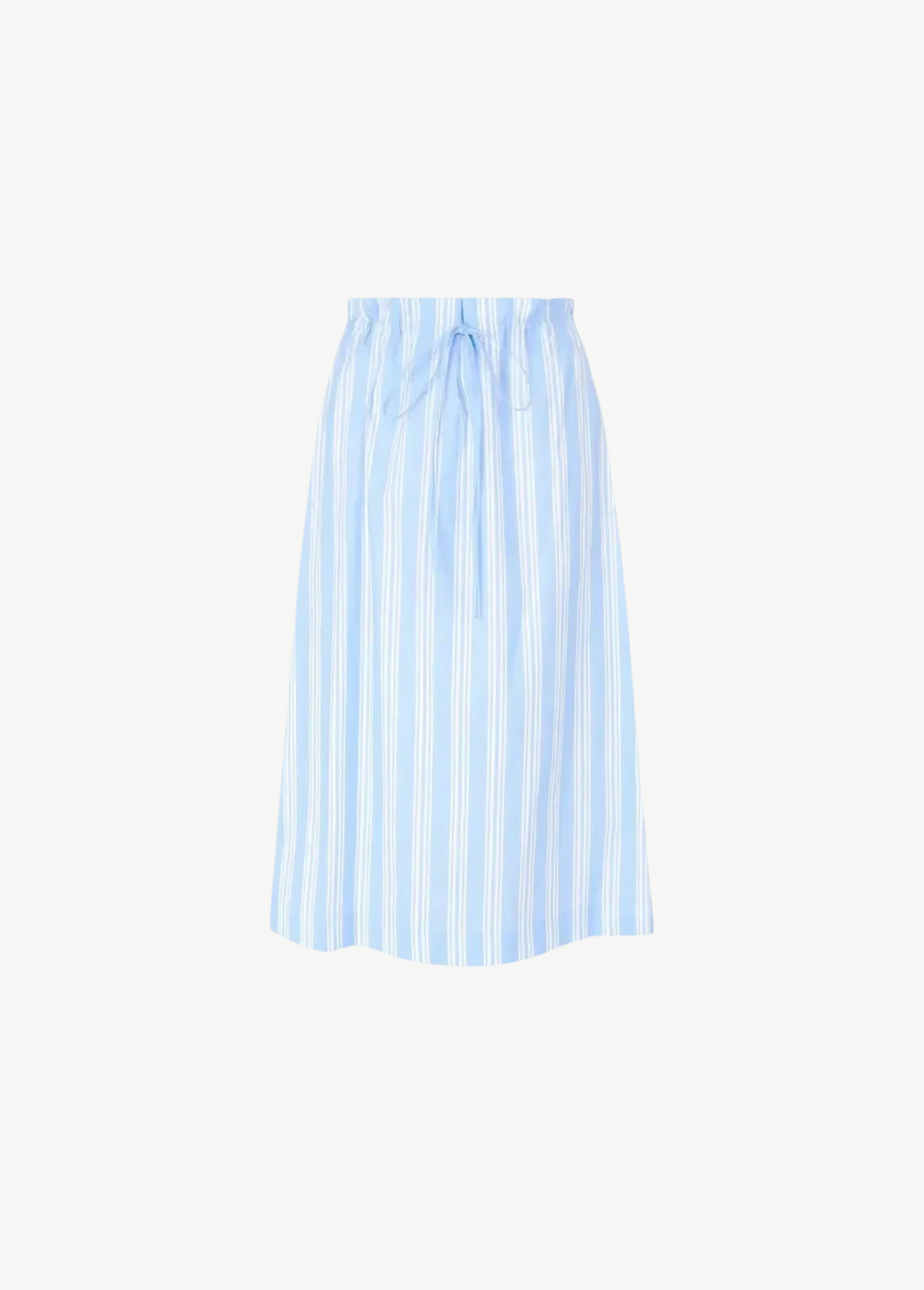Shore Skirt in light blue and white striped stretch poplin, featuring a midi length and an elasticized drawstring waist.