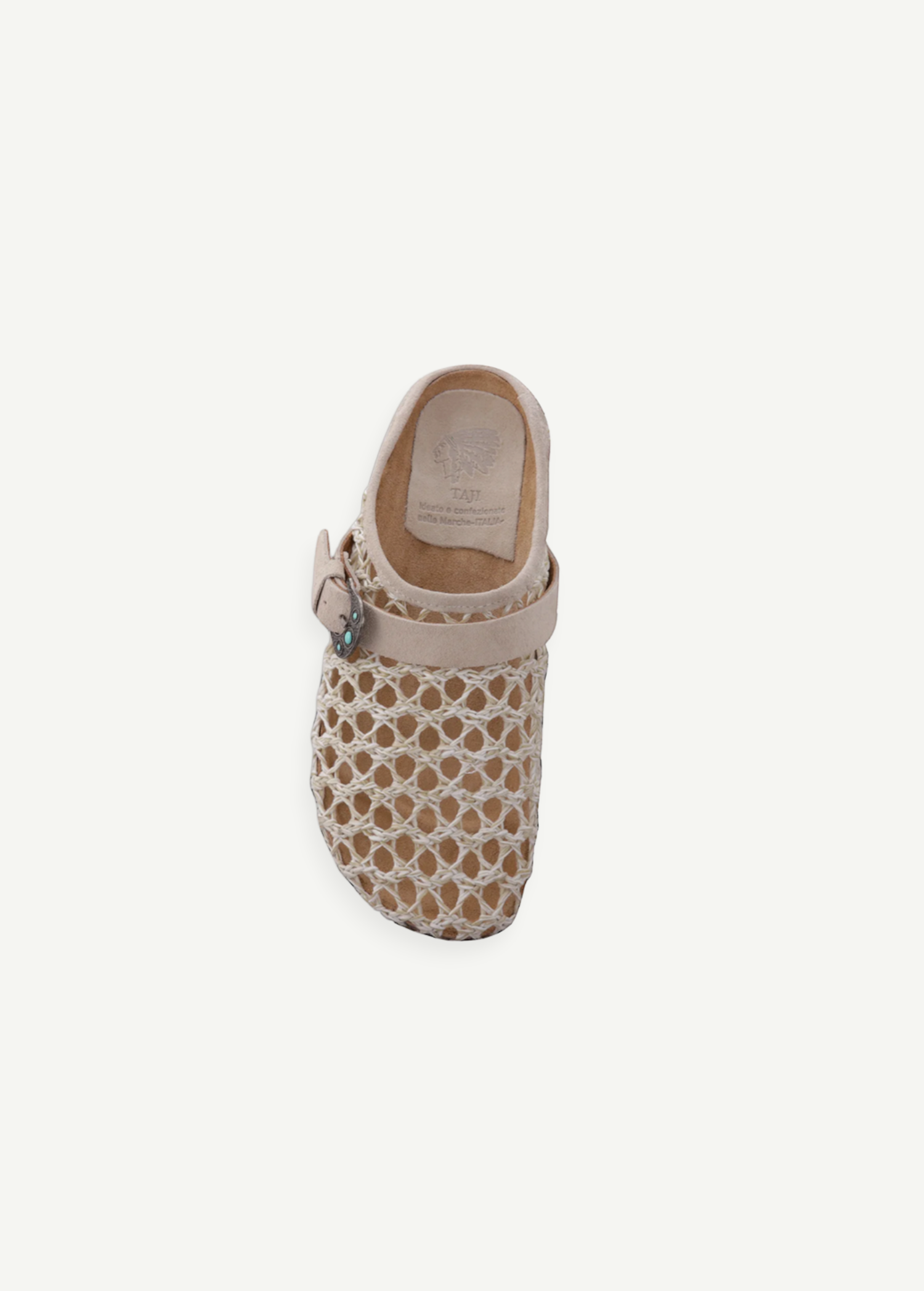 KABE SHOP INC Thais Mat Intreccio sabots in rustic green with a woven design, suede strap, and decorative buckle.