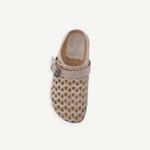 KABE SHOP INC Thais Mat Intreccio sabots in rustic green with a woven design, suede strap, and decorative buckle.
