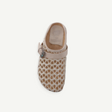 KABE SHOP INC Thais Mat Intreccio sabots in rustic green with a woven design, suede strap, and decorative buckle.