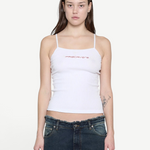 KABE SHOP INC white ribbed cami top with thin straps and red chest embroidery worn by a model