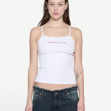 KABE SHOP INC white ribbed cami top with thin straps and red chest embroidery worn by a model