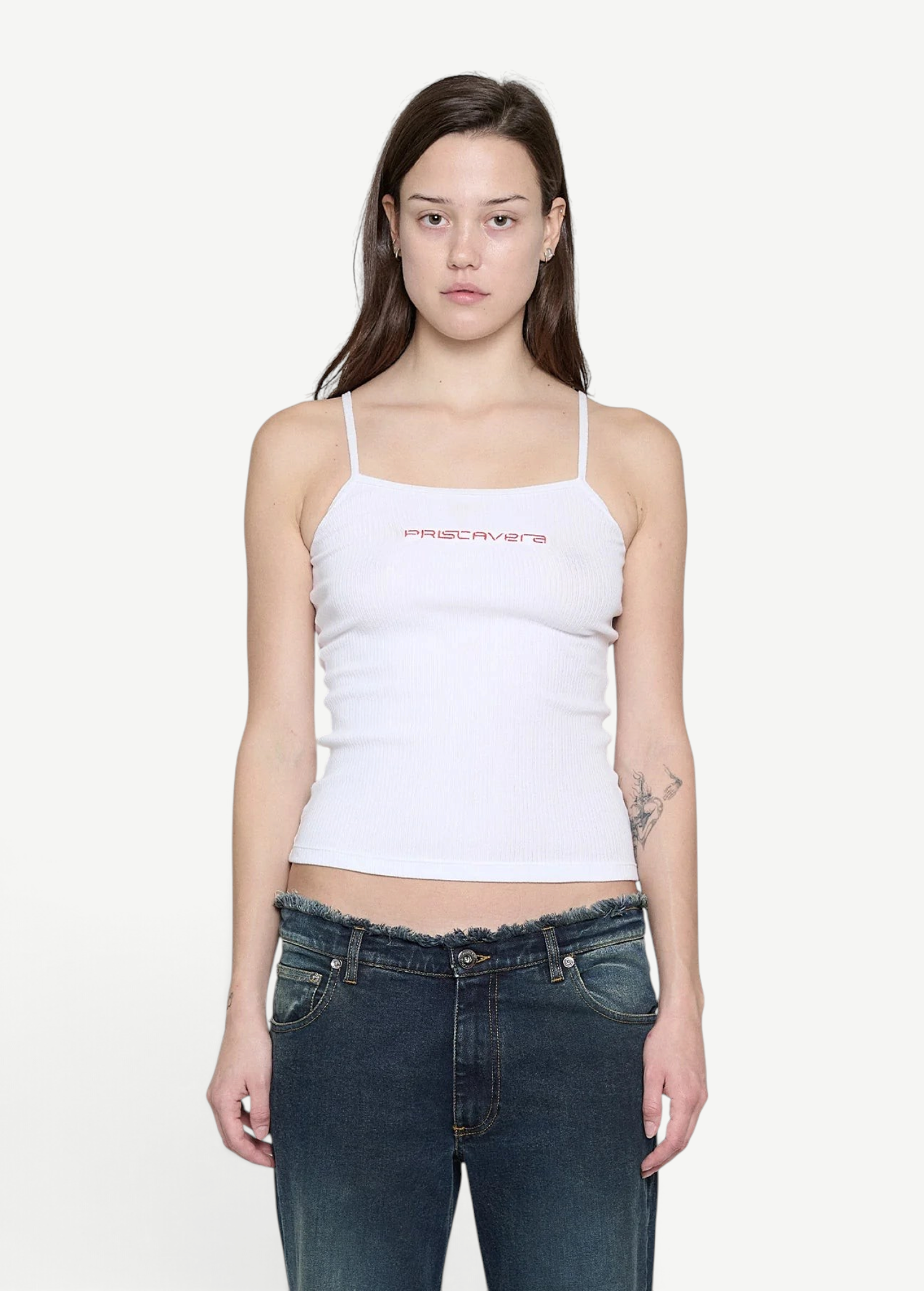KABE SHOP INC white ribbed cami top with thin straps and red chest embroidery worn by a model