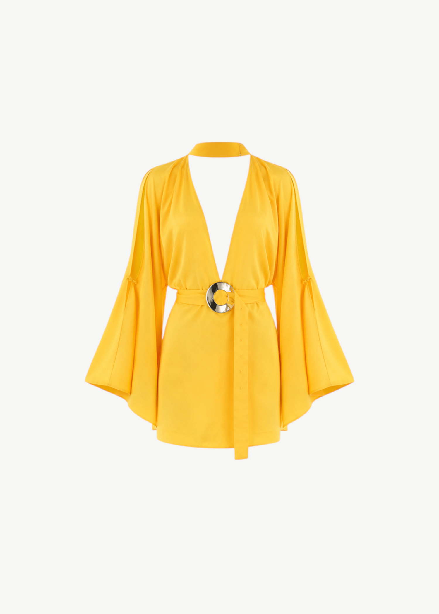 KABE SHOP INC yellow mini dress with deep V-neck, bell sleeves, and a silver circular belt buckle.
