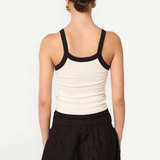 Back view of KABE SHOP INC Tovi tank top in cream stretch cotton rib with black bonded straps and curved hem.