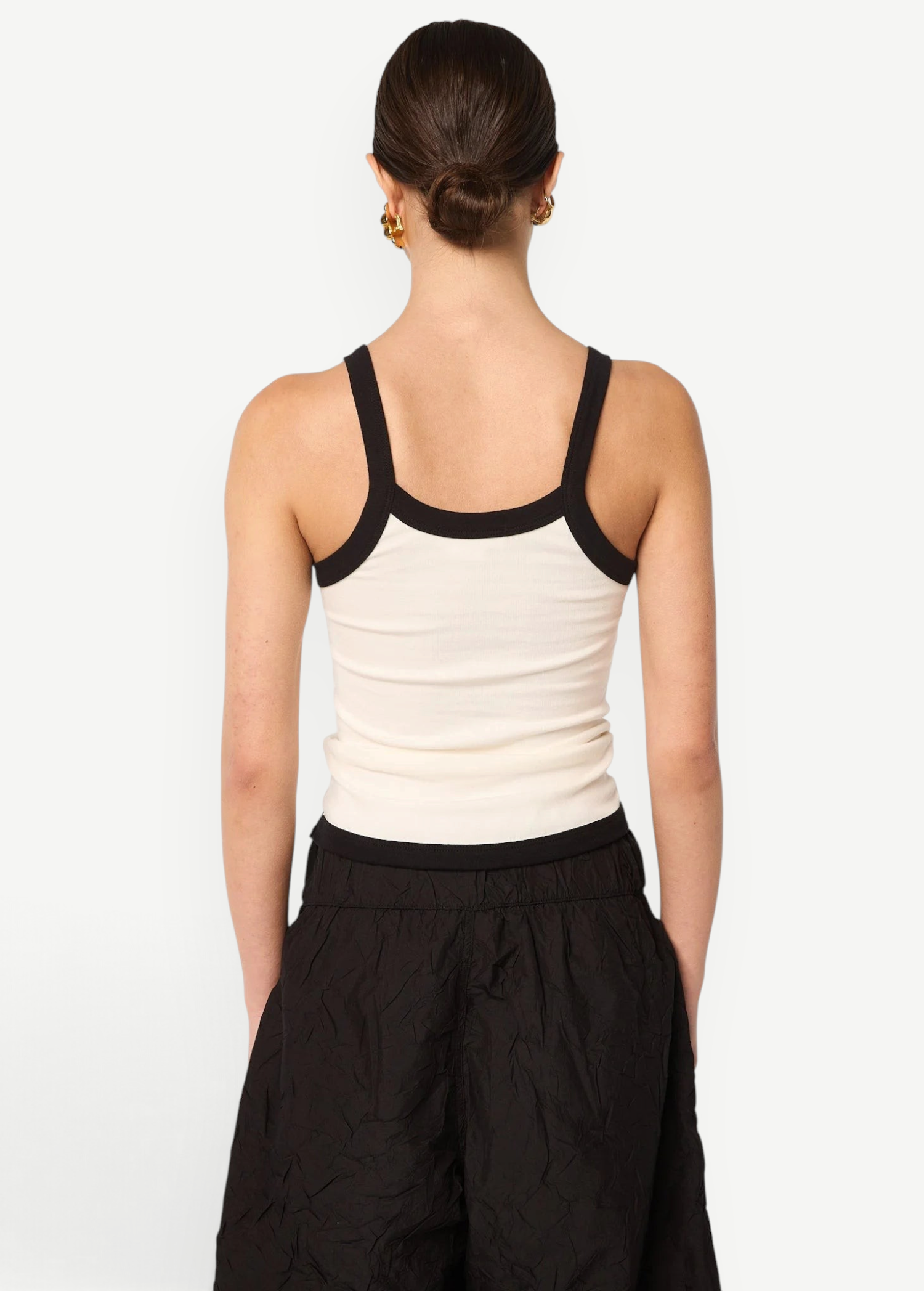 Back view of KABE SHOP INC Tovi tank top in cream stretch cotton rib with black bonded straps and curved hem.